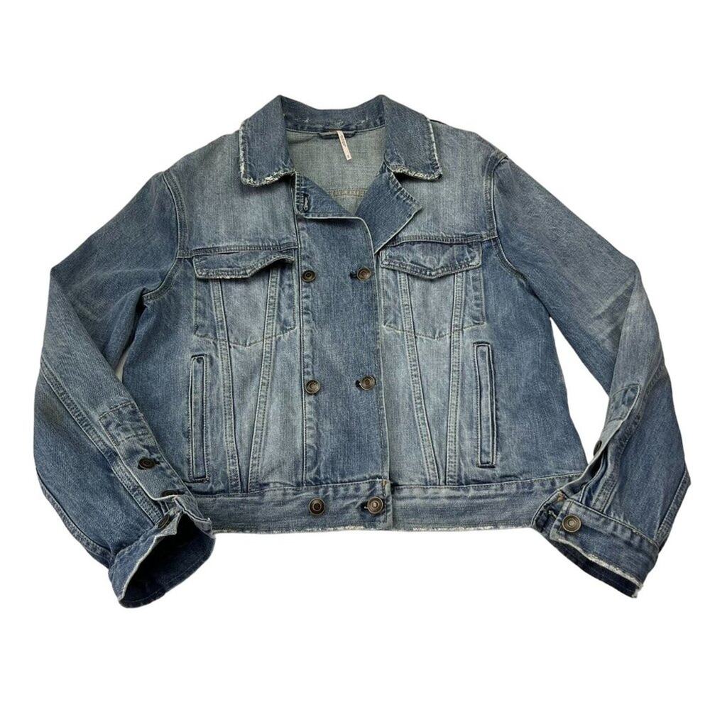 Free People Denim Trucker Jacket Womens Small Blue Double Breasted Blue